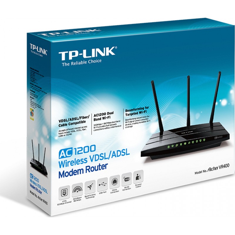 TP-LINK ARCHER VR400 V1.0 WIRELESS DUAL BAND 3G/4G MODEM ROUTER WiFi AC1200 VDSL2/ADSL2+/FIBER TP-LINK ARCHER VR400 V1.0 WIRELESS DUAL BAND 3G/4G MODEM ROUTER WiFi AC1200 VDSL2/ADSL2+/FIBER
