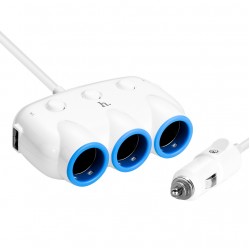 HOCO C1 3 IN 1 CAR LIGHTER SOCKET ADAPTOR FAST CHARGER 0.55m CABLE WHITE 12-24V & 2 X USB 5V 3.1A 