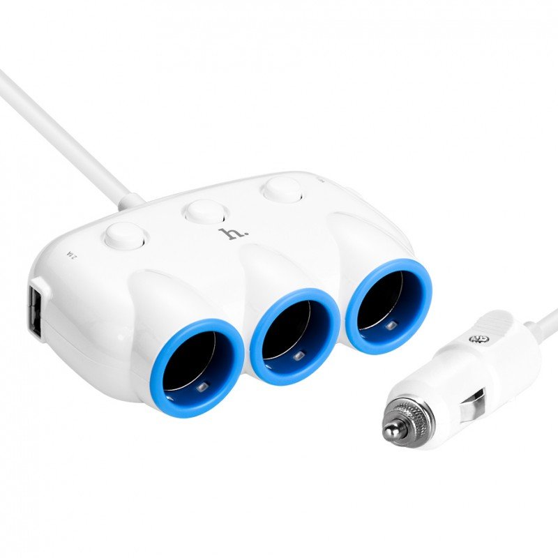 HOCO C1 3 IN 1 CAR LIGHTER SOCKET ADAPTOR FAST CHARGER 0.55m CABLE WHITE 12-24V & 2 X USB 5V 3.1A