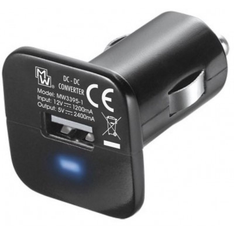 Car Charger Adaptor Mini Black 1 X USB 5V 2.4A Φορτιστής Αυτοκινήτου 2400ma MW3395-1