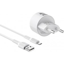 Τροφοδοτικό Πρίζας Λευκό Power Charger AC USB 2 X 5V 2.4A Travel Charger & Micro USB Cable White Borofone BA23A