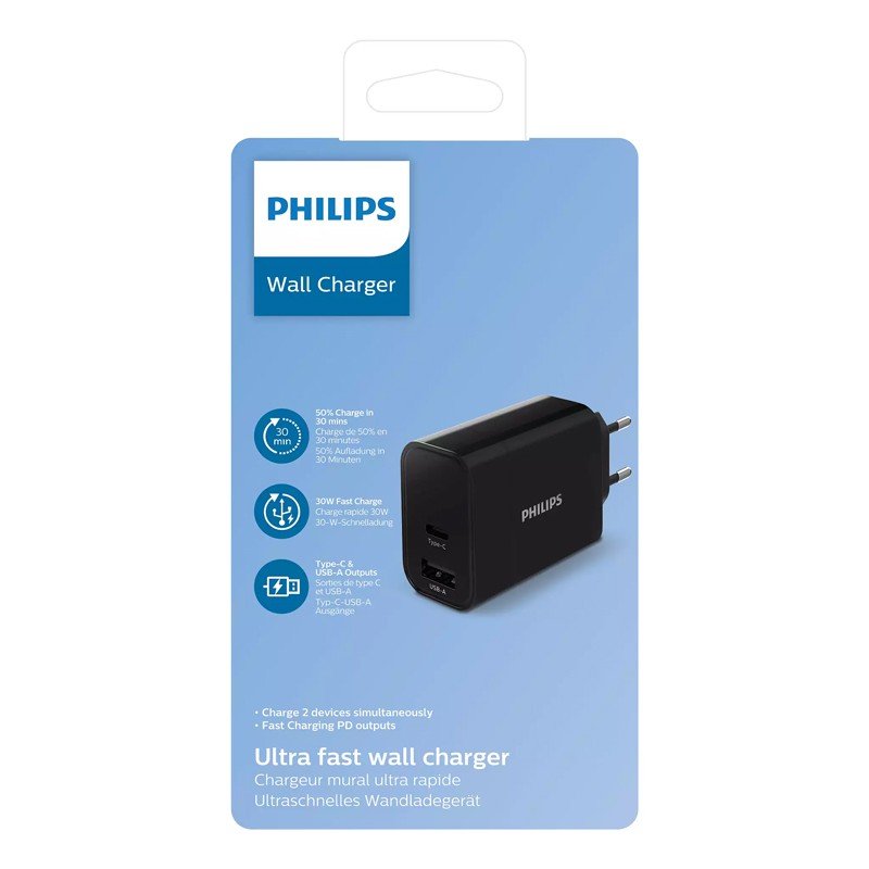 Wall Charger Double Port In Type-C & USB 30W Τροφοδοτικό Πρίζας Μαύρο Philips DLP2621