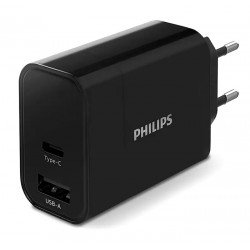 Wall Charger Double Port In Type-C & USB 30W Τροφοδοτικό Πρίζας Μαύρο Philips DLP2621