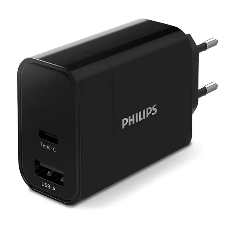 Wall Charger Double Port In Type-C & USB 30W Τροφοδοτικό Πρίζας Μαύρο Philips DLP2621