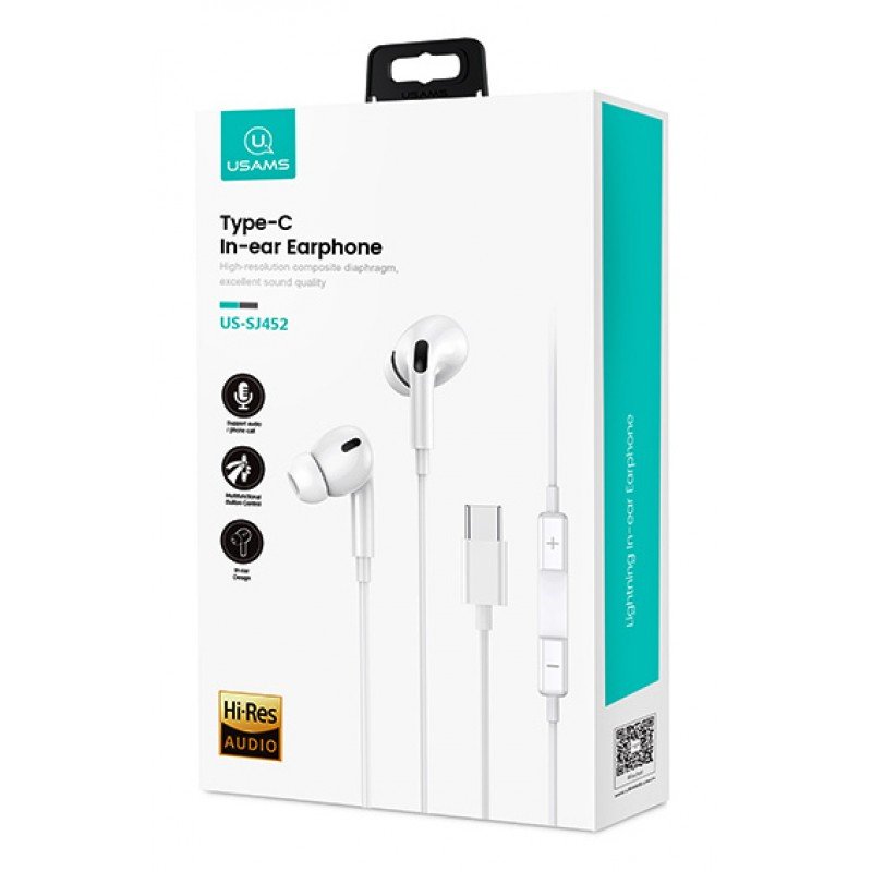 Hands Free Earphones Stereo Type-C White Ακουστικά Στερεοφωνικά Λευκά Usams US-SJ452