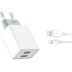 Τροφοδοτικό Πρίζας Λευκό Power Charger AC 2 X USB 5V 2.4A Travel Charger & Lightning Cable White XO-L65EU