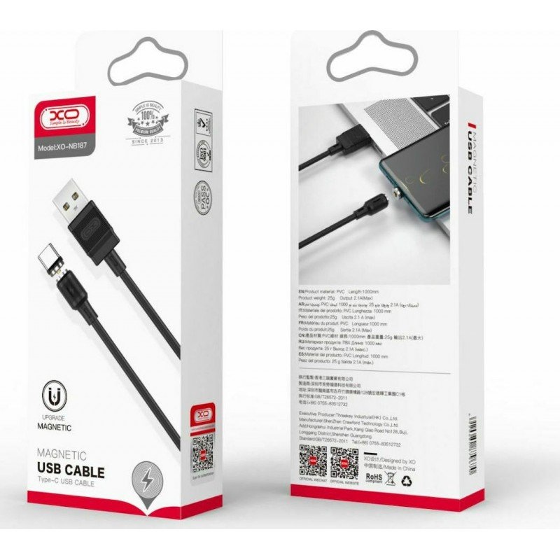 Magnetic Charging Cable USB A 2.0 Male Type C Black 1m XO-NB187 Magnetic Charging Cable USB A 2.0 Male Type C Black 1m XO-NB187
