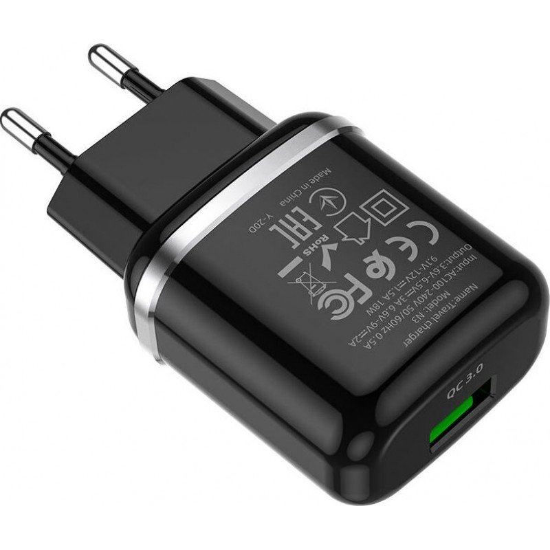 Τροφοδοτικό Κινητών Τηλεφώνων Quick Charger Power Adaptor 5V 3A 18W Black Qualcomm Hoco N3 QC3.0