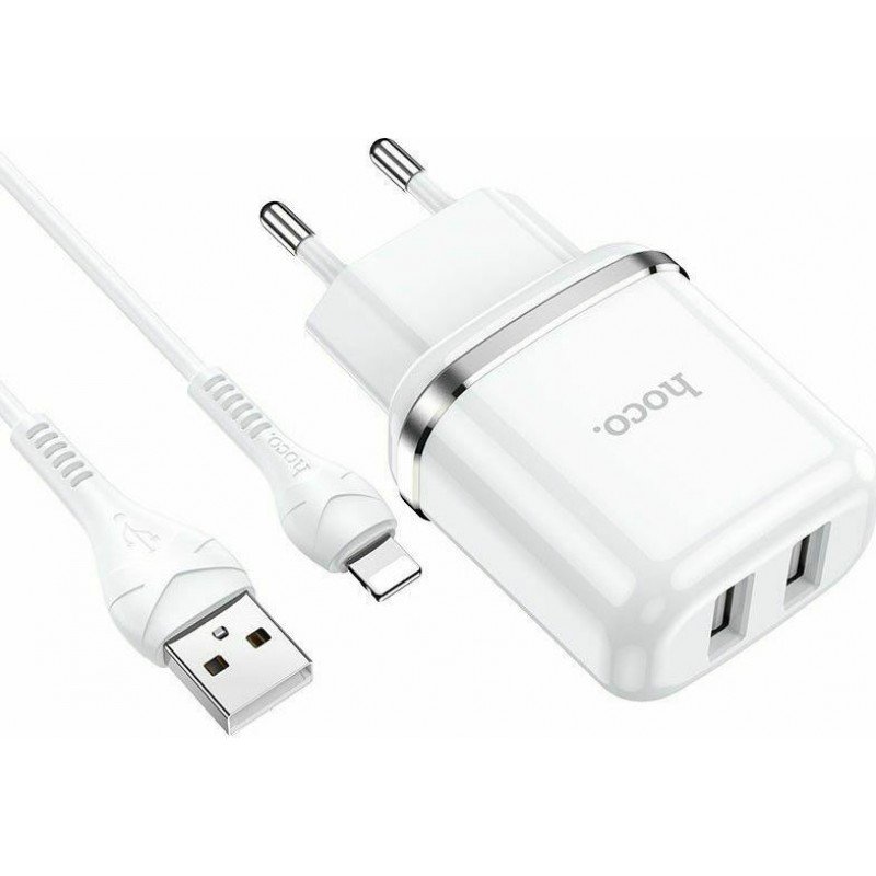 Power Supply Dual Charger AC 5V 2.4Am White 10.5W Hoco N4 Lightning Τροφοδοτικό Πρίζας