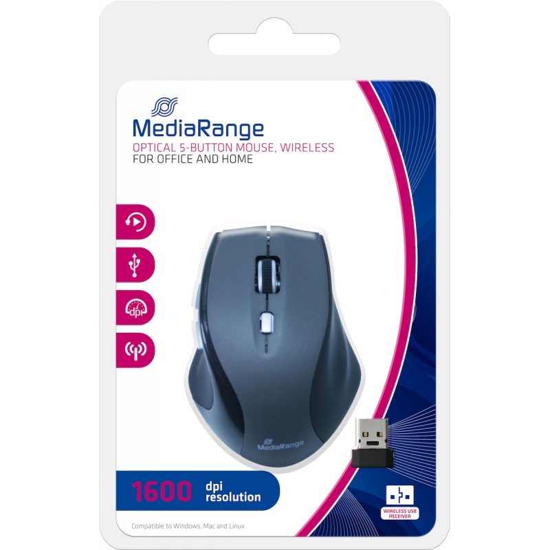 Mouse Wireless 2.4G Optical USB Black/Grey 1600dpi MediaRange MROS203 Ποντίκι Οπτικό Ασύρματο
