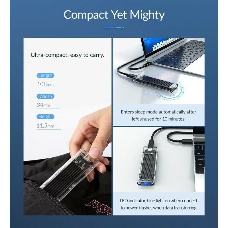 USB 3.1 Type C External Enclosure M.2 SSD Transparent Orico TCM2F-C3-BK-BP