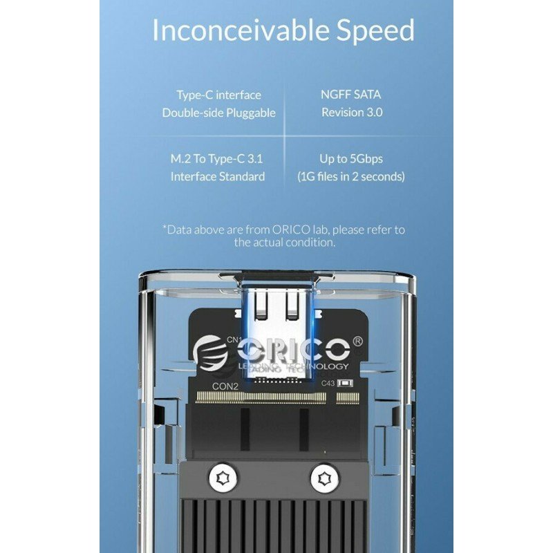 USB 3.1 Type C External Enclosure M.2 SSD Transparent Orico TCM2F-C3-BK-BP