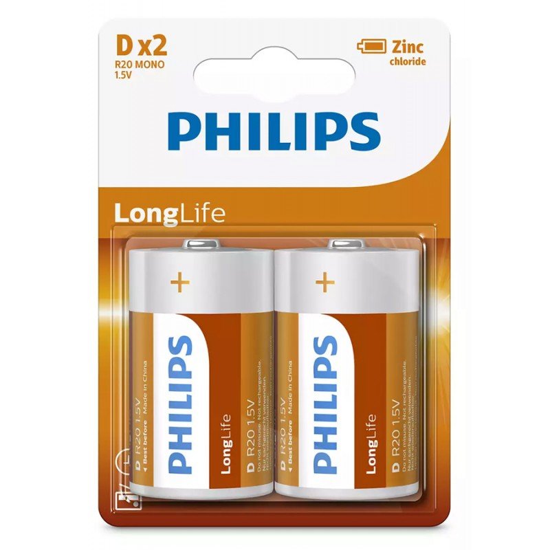 Μπαταρίες Philips Batteries D LongLife Zinc Chloride 2 Pack 1.5V LR20L2B-10