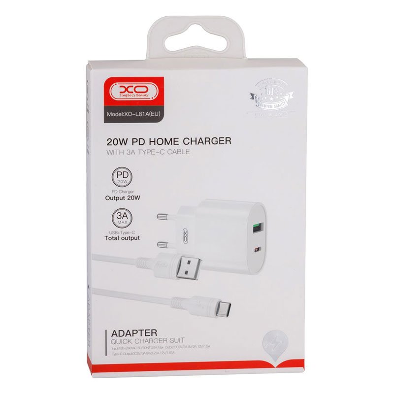 Φορτιστής Πρίζας Quick Power Charger PD+QC USB Type C & Cable Type C 5V-12V 3A 20W White XO-L81A