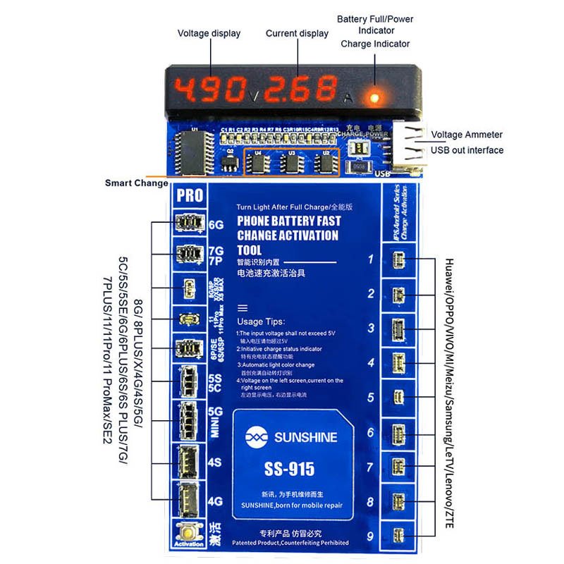 Πλακέτα Φόρτισης-Ελέγχου Μπαταριών SS-915 Smartphone Battery Charger-Tester