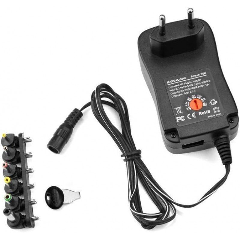 Power Adaptor 3-12V 2.5A DC 30W Universal Switching 6 Tips & USB 2.1A Τροφοδοτικό