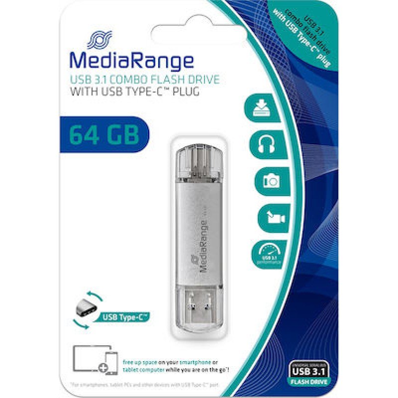 64GB MediaRange USB 3.1 Stick Combo Flash Drive USB A & Type-C Plug Στικάκι MR937