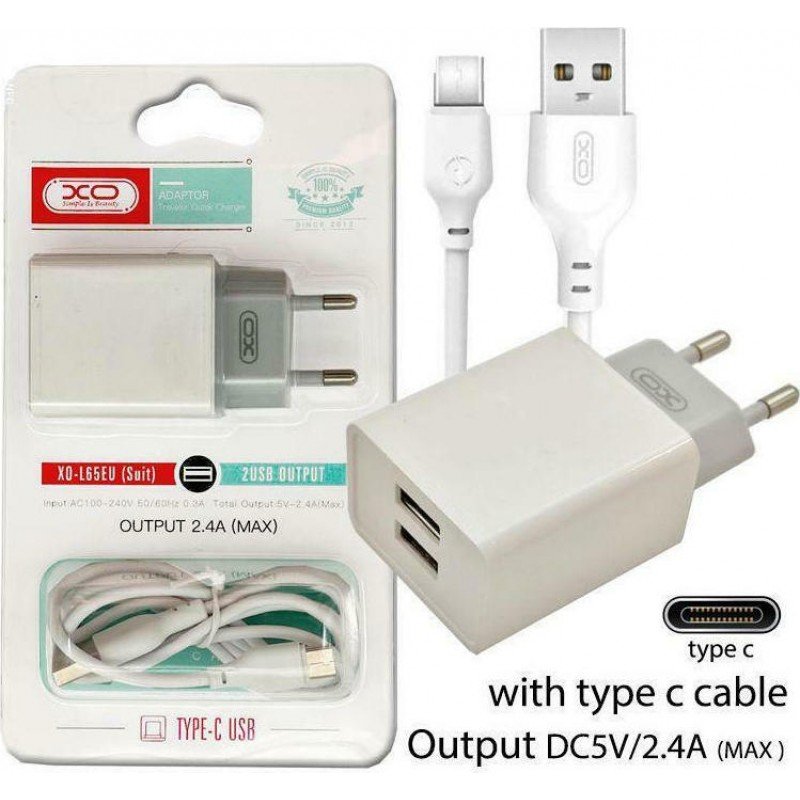 Τροφοδοτικό Πρίζας Λευκό Power Charger AC 2 X USB 5V 2.4A Travel Charger & Type C Cable White XO-L65EU Τροφοδοτικό Πρίζας Λευκό Power Charger AC 2 X USB 5V 2.4A Travel Charger & Type C Cable White XO-L65EU