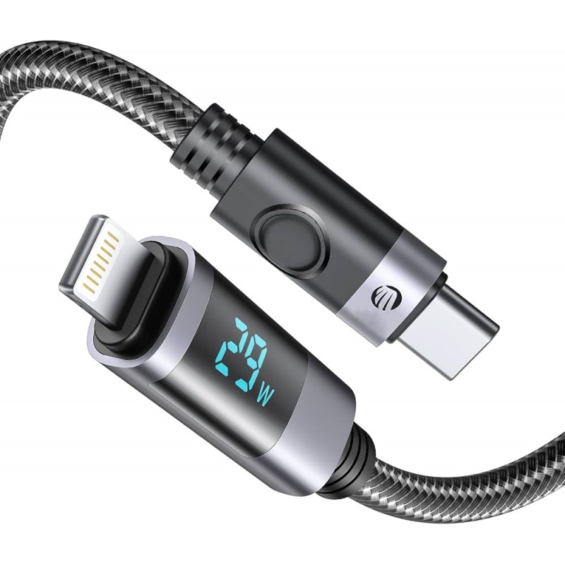 USB 3.0 Type C To Lightning 20W 1.2m LED Display Fast Charge Cable Καλώδιο Μαύρο Green Lyca GL69674