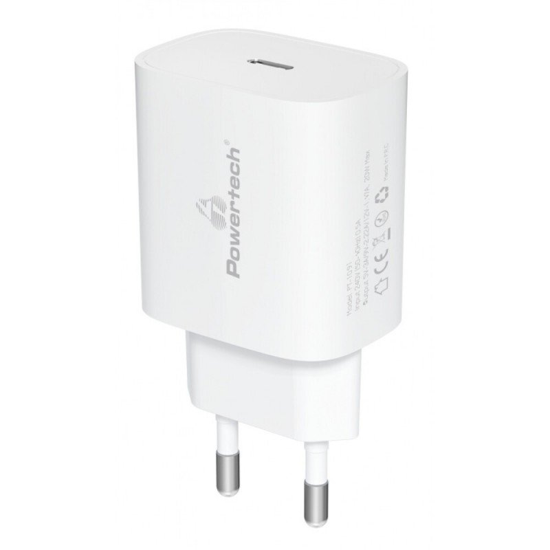 Φορτιστής Πρίζας Quick Power Charger PD+QC 20W USB-C Λευκός Powertech PT-1091