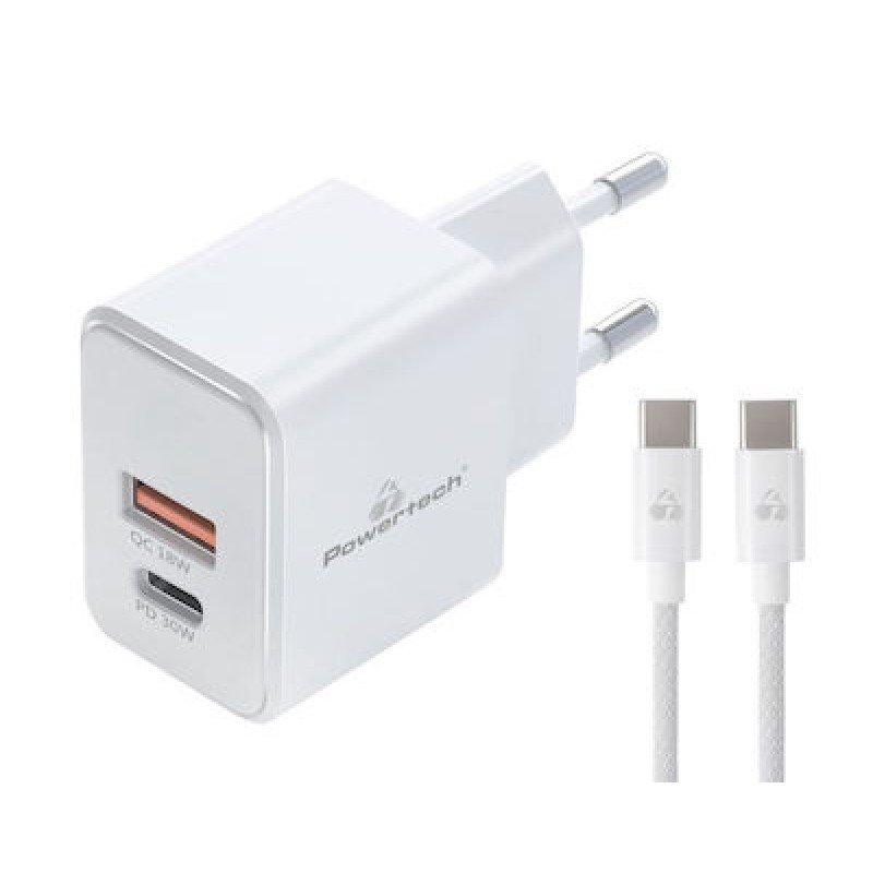 Φορτιστής Πρίζας Quick Power Charger Qualcomm GaN PD+QC 1 x Type C & 1 x USB A 5V-20V 30W White & USB Type C Cable PT-1249 Φορτιστής Πρίζας Quick Power Charger Qualcomm GaN PD+QC 1 x Type C & 1 x USB A 5V-20V 30W White & USB Type C Cable PT-1249
