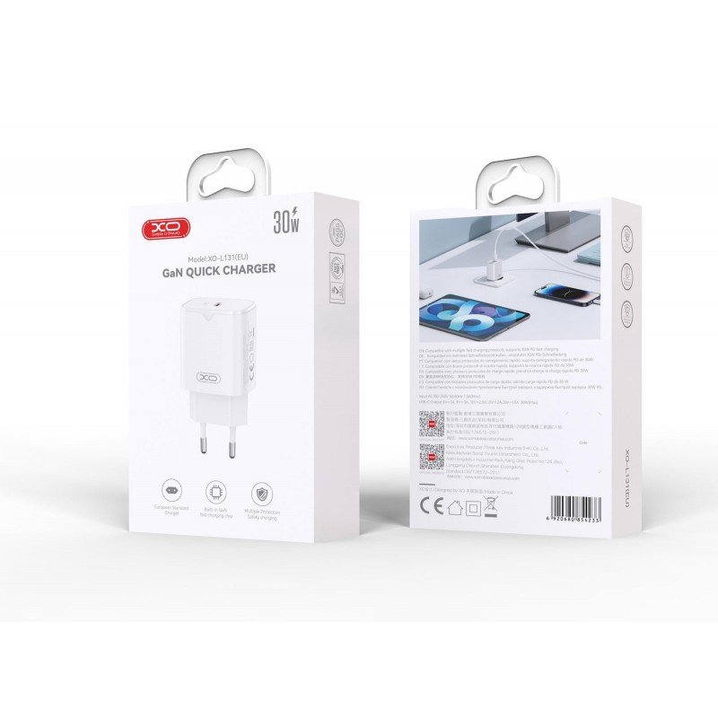 Φορτιστής Πρίζας Quick Power Charger Qualcomm GaN PD+QC 1 x Type C 5V-20V 30W White XO-L131 Φορτιστής Πρίζας Quick Power Charger Qualcomm GaN PD+QC 1 x Type C 5V-20V 30W White XO-L131