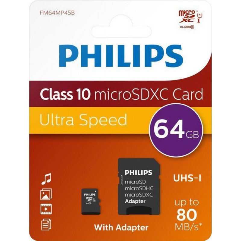 64GB Memory Micro SD Card & Adapter Philips FM64MP45B/00 Class 10 UHS-I Μνήμη