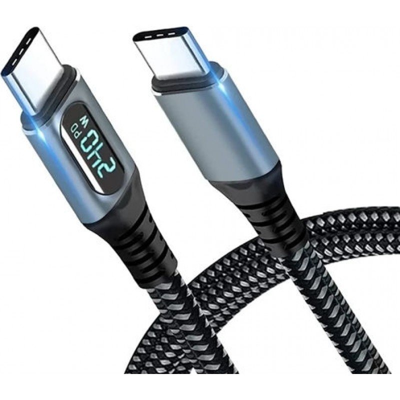 USB Type C Male To Type C Male 15W 1.2m LED Display Fast Charge Cable Καλώδιο Μαύρο Green Lyca GL69675