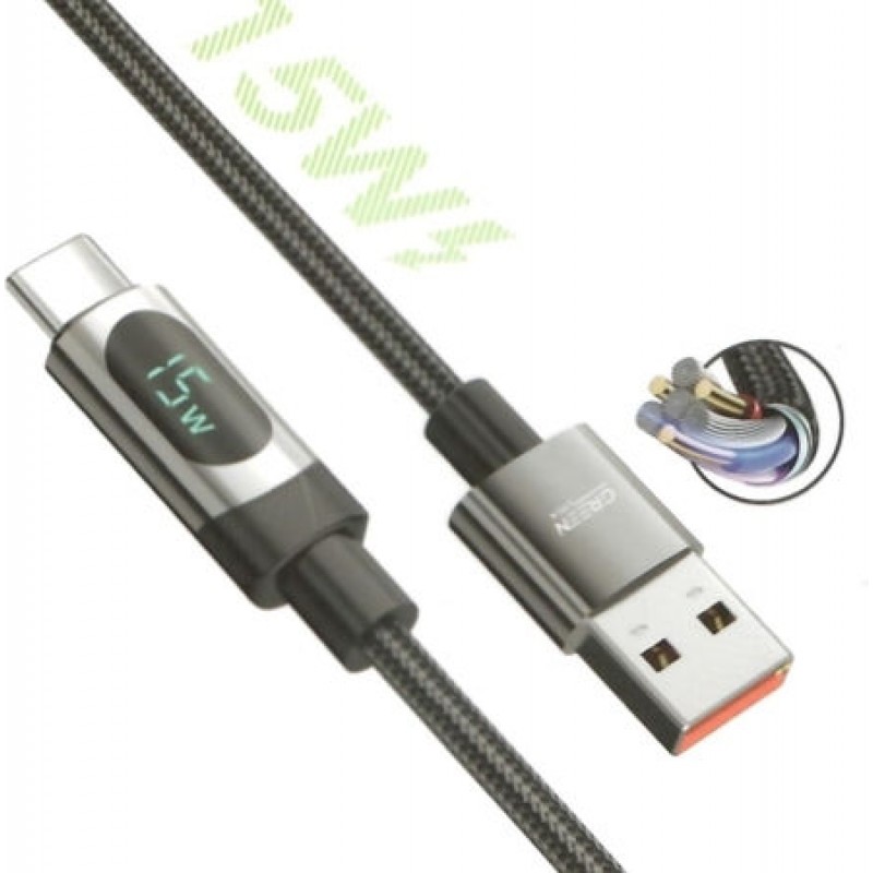 USB 2.0 To Type C 15W 1.2m LED Display Fast Charge Cable Καλώδιο Μαύρο Green Lyca GL69673