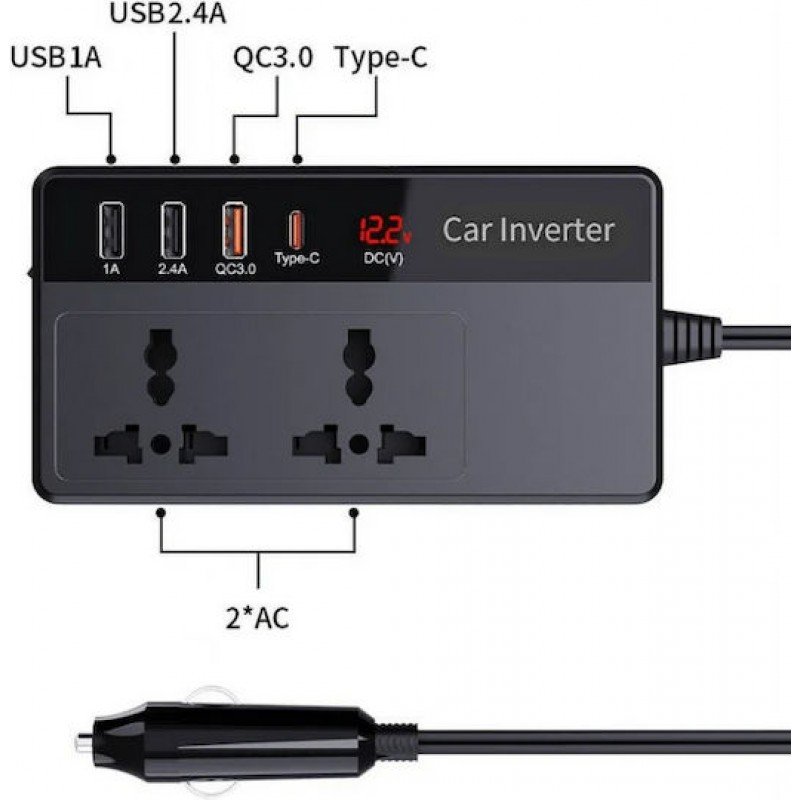 Car Charger 12V DC To 220V AC Inverter Adapter & USB/USB-C 200W PTL-023 Τροφοδοτικό Αναπτήρα