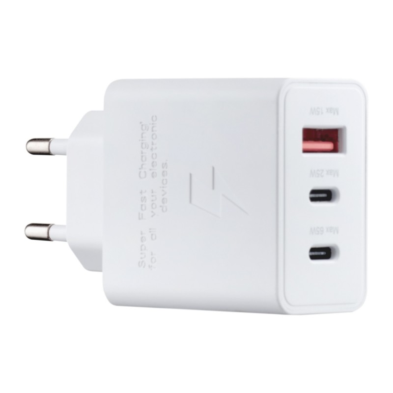 Φορτιστής Πρίζας Quick Power Charger GaN PD+QC 2 x USB Type C & 1 x USB A 5V-12V 65W White & Cable Type C T6530NWEGGB