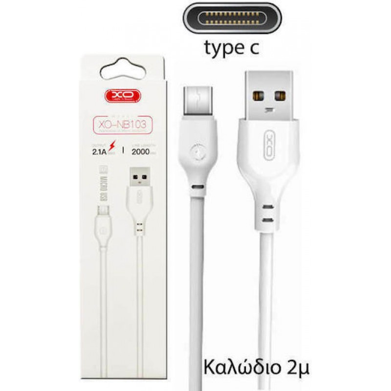 USB A 2.0 Cable Male To Type C White 2m XO NB103