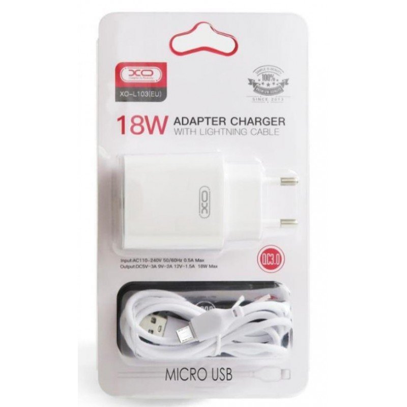 Φορτιστής Πρίζας Quick Power Charger QC 3.0 USB A 18W & Micro USB Cable White XO-L103EU