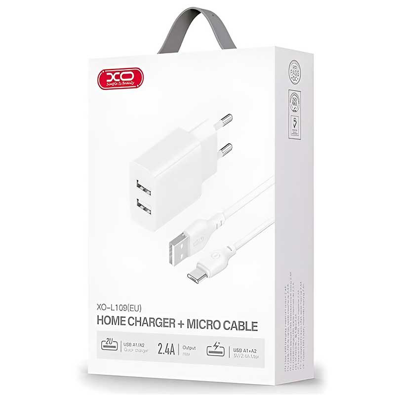 Τροφοδοτικό Πρίζας Λευκό Power Charger AC 2 X USB 5V 2.4A Travel Charger & Micro Usb Cable White XO-L109EU