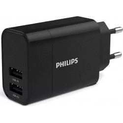 Wall Charger Double Port In Type-C & USB 17W Τροφοδοτικό Πρίζας Μαύρο Philips DLP2620-12