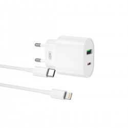 Φορτιστής Πρίζας Quick Power Charger PD+QC USB Type C & Cable Type C To Lightning 5V-12V 3A 20W White XO-L81